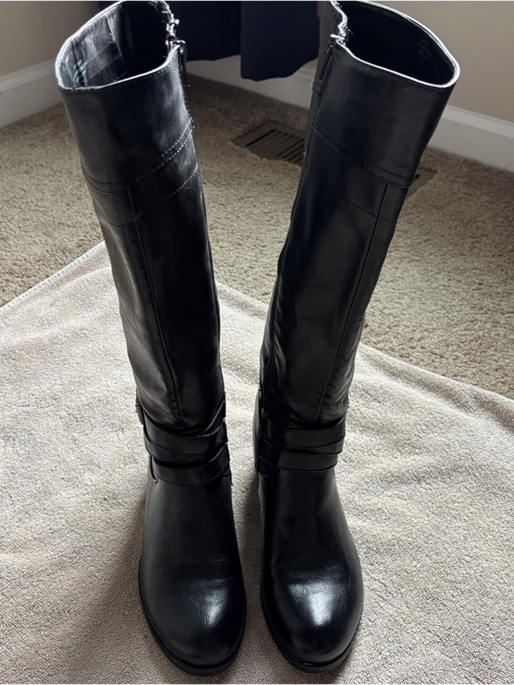 Unisa Black Leather Over-the-Knee Boots with Strap Detail